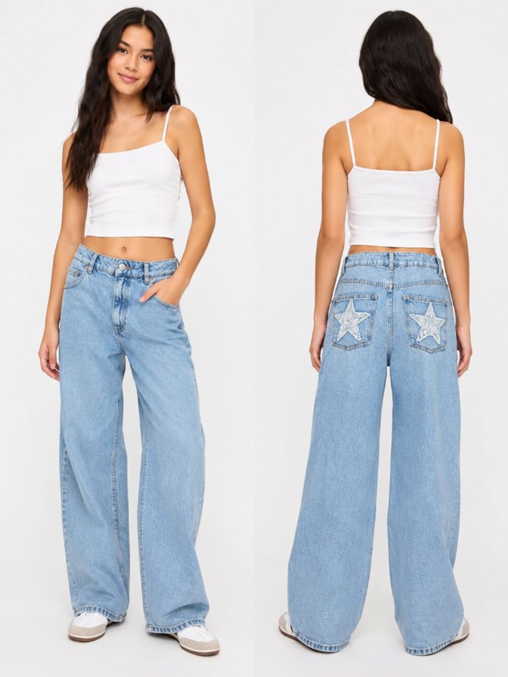Zara Wide Leg Star Patchwork Pocket Light High Rise Jeans Light Wash Size 13/14